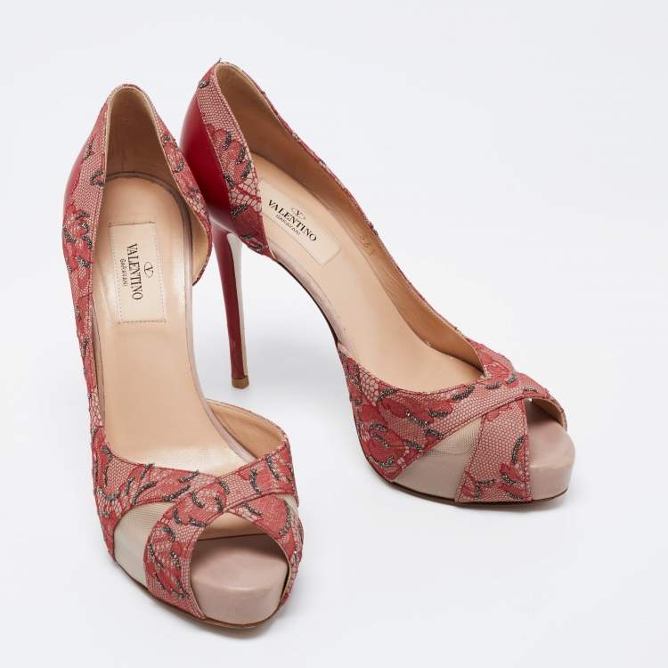 Pre Owned Valentino Two Tone Lace, Mesh and Leather Peep Toe D'orsay Pumps Size 36.5
