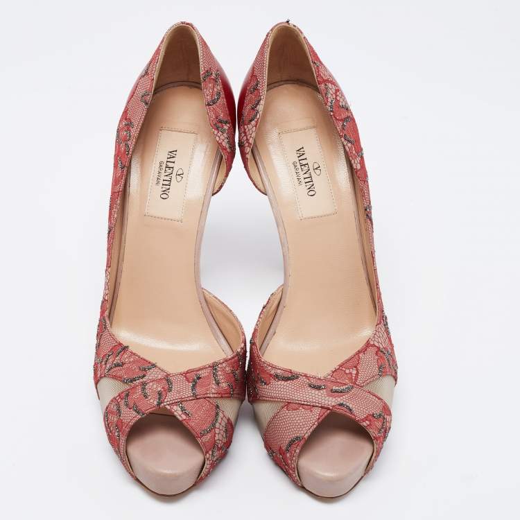 Pre Owned Valentino Two Tone Lace, Mesh and Leather Peep Toe D'orsay Pumps Size 36.5