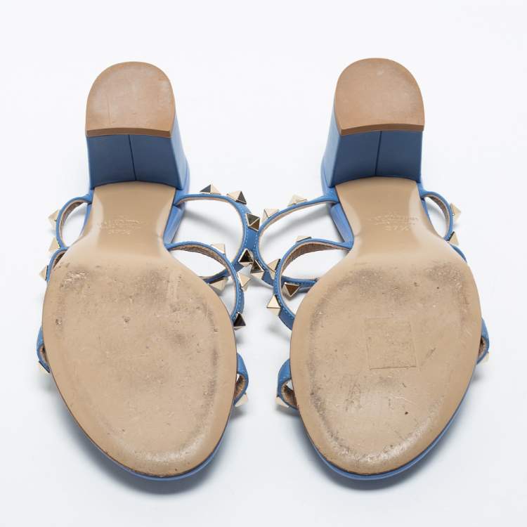 Pre Owned Valentino Blue Leather Rockstud Slide Sandals Size 37.5