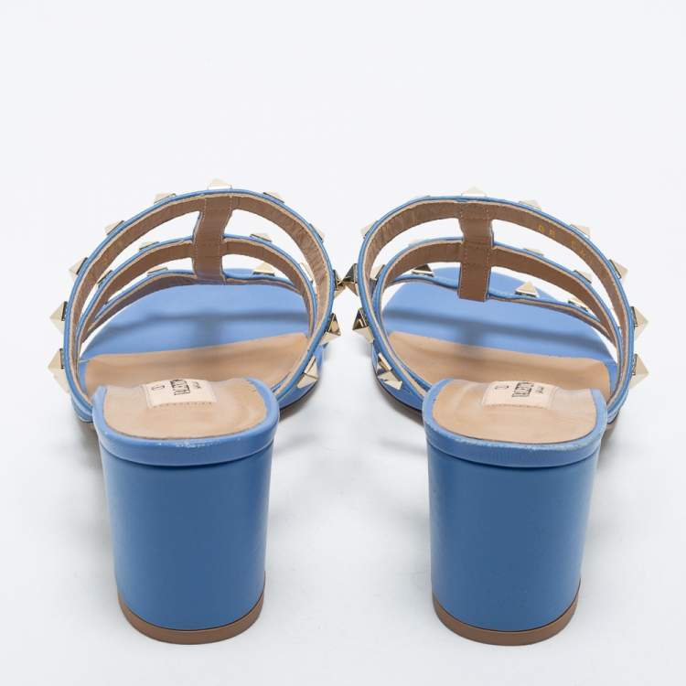 Pre Owned Valentino Blue Leather Rockstud Slide Sandals Size 37.5