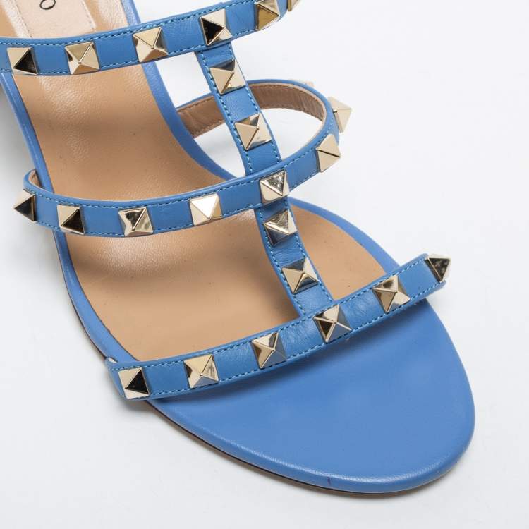 Pre Owned Valentino Blue Leather Rockstud Slide Sandals Size 37.5