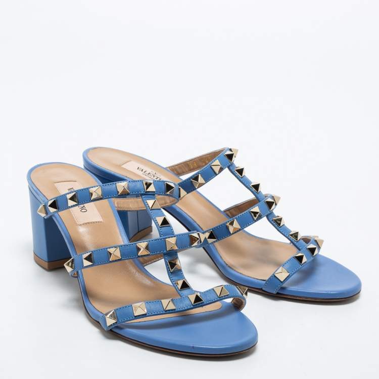 Pre Owned Valentino Blue Leather Rockstud Slide Sandals Size 37.5
