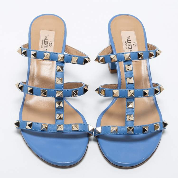 Pre Owned Valentino Blue Leather Rockstud Slide Sandals Size 37.5