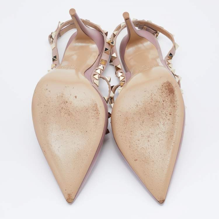 Pre Owned Valentino Pink Leather Rockstud Ankle Strap Pumps Size 41.5