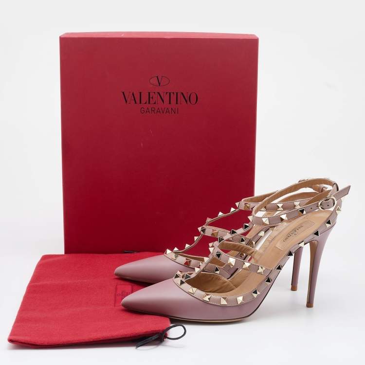 Pre Owned Valentino Pink Leather Rockstud Ankle Strap Pumps Size 41.5