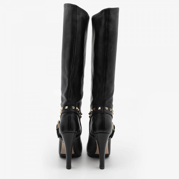 Pre Owned Valentino Black Leather Rockstud Mild Calf Boots Size 38