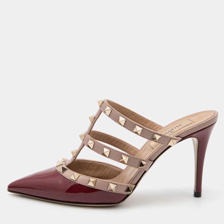 Pre Owned Valentino Burgundy/Beige Patent and Leather  Rockstud  Mule Sandals Size 36