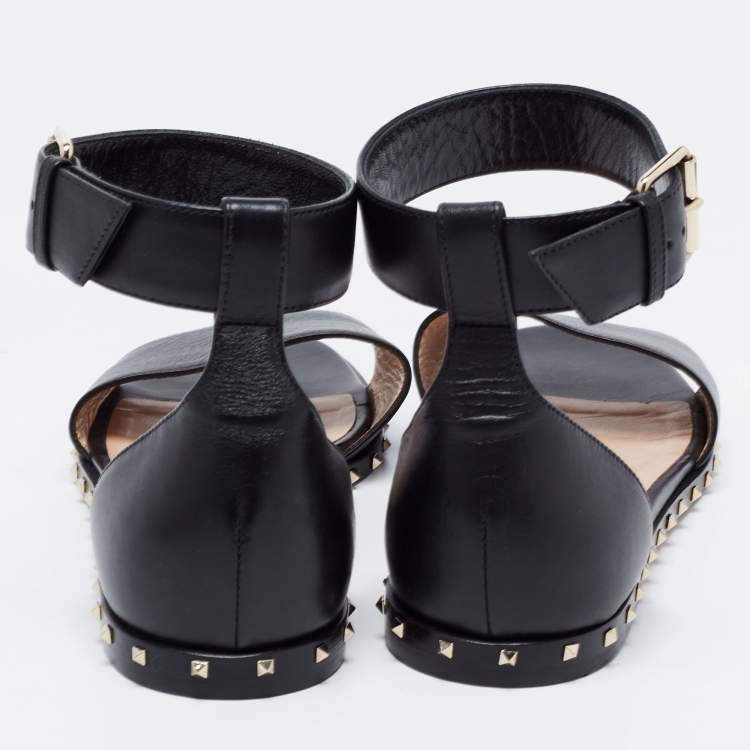 Pre Owned Valentino Black Leather Rockstud Ankle Strap Sandals Size 37.5