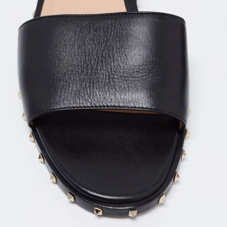 Pre Owned Valentino Black Leather Rockstud Ankle Strap Sandals Size 37.5