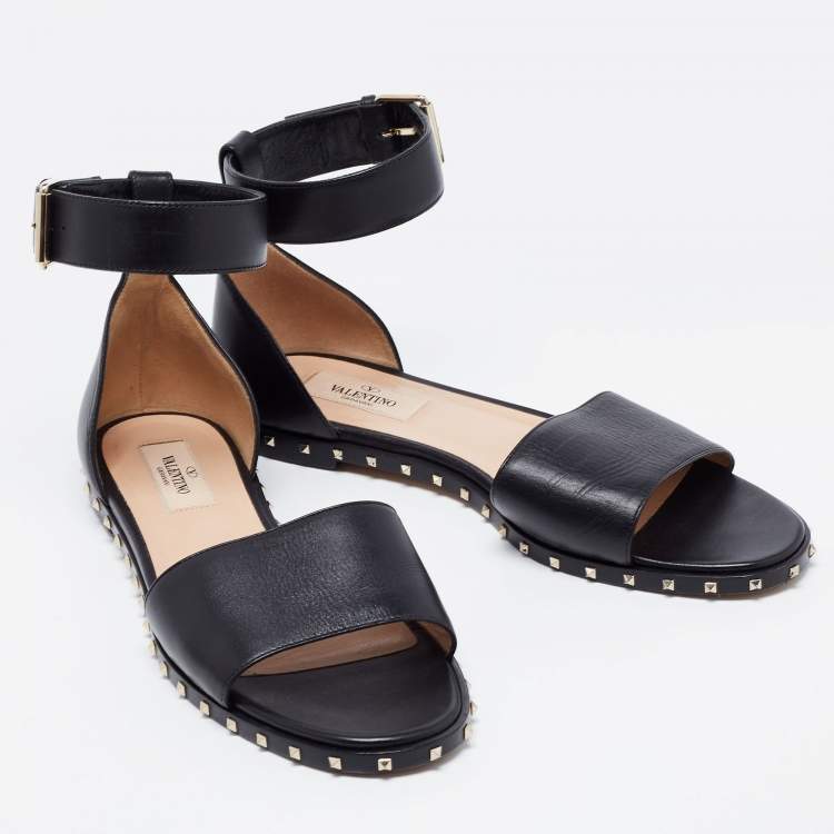 Pre Owned Valentino Black Leather Rockstud Ankle Strap Sandals Size 37.5