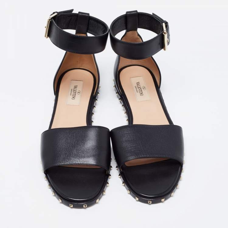 Pre Owned Valentino Black Leather Rockstud Ankle Strap Sandals Size 37.5