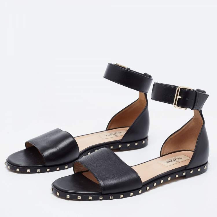 Pre Owned Valentino Black Leather Rockstud Ankle Strap Sandals Size 37.5