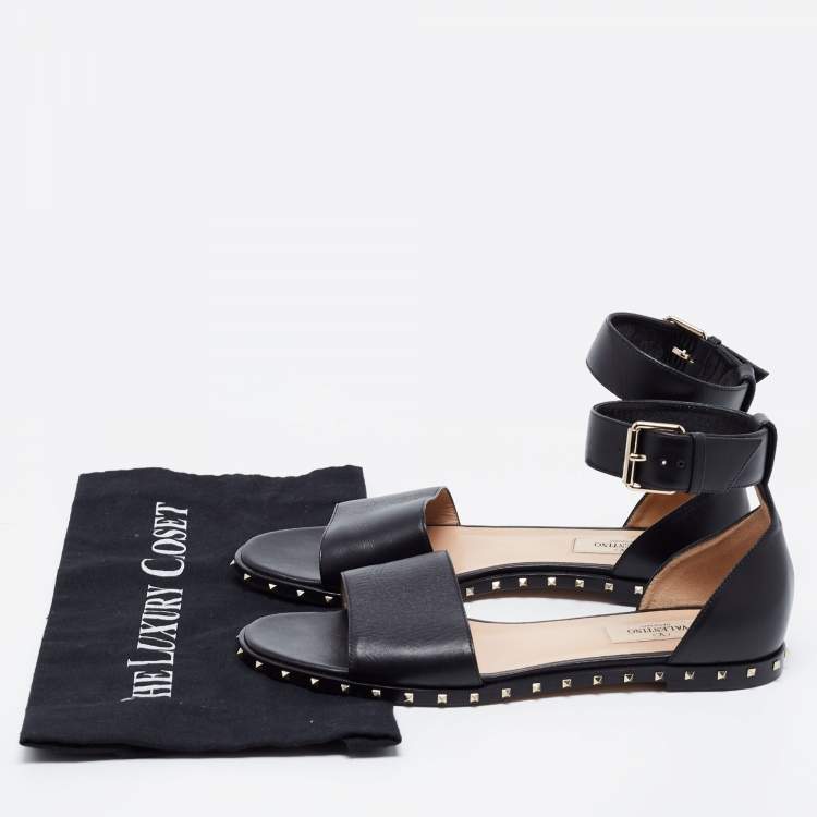 Pre Owned Valentino Black Leather Rockstud Ankle Strap Sandals Size 37.5