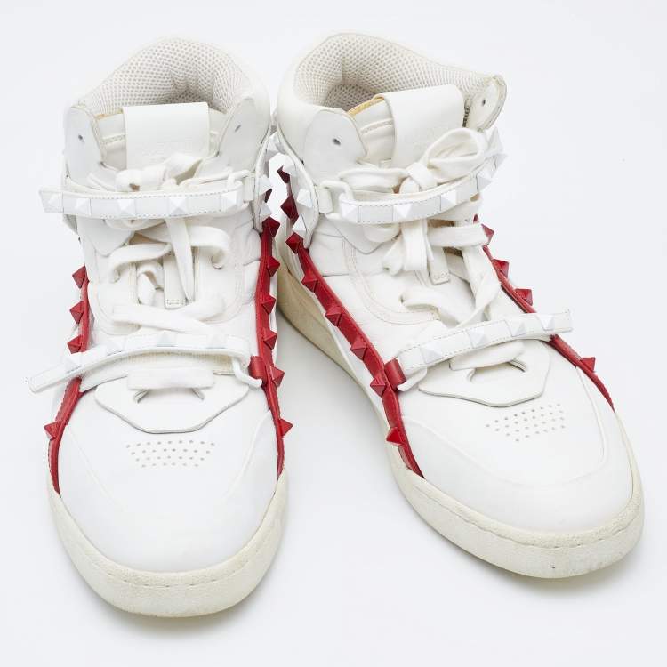 Pre Owned Valentino White Leather Rockstud Amor High Top Sneakers Size 39.5