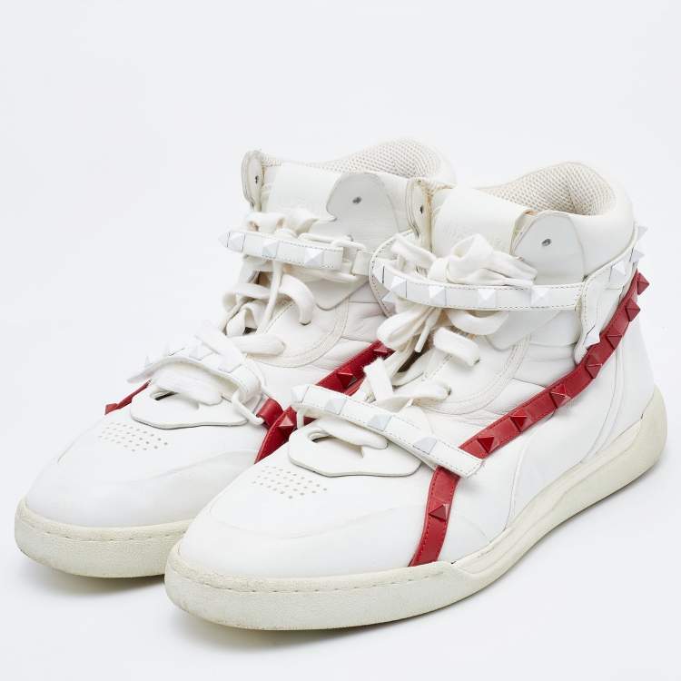 Pre Owned Valentino White Leather Rockstud Amor High Top Sneakers Size 39.5