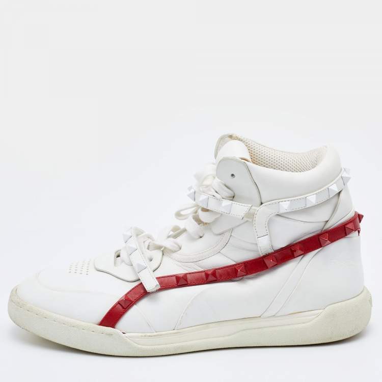 Pre Owned Valentino White Leather Rockstud Amor High Top Sneakers Size 39.5