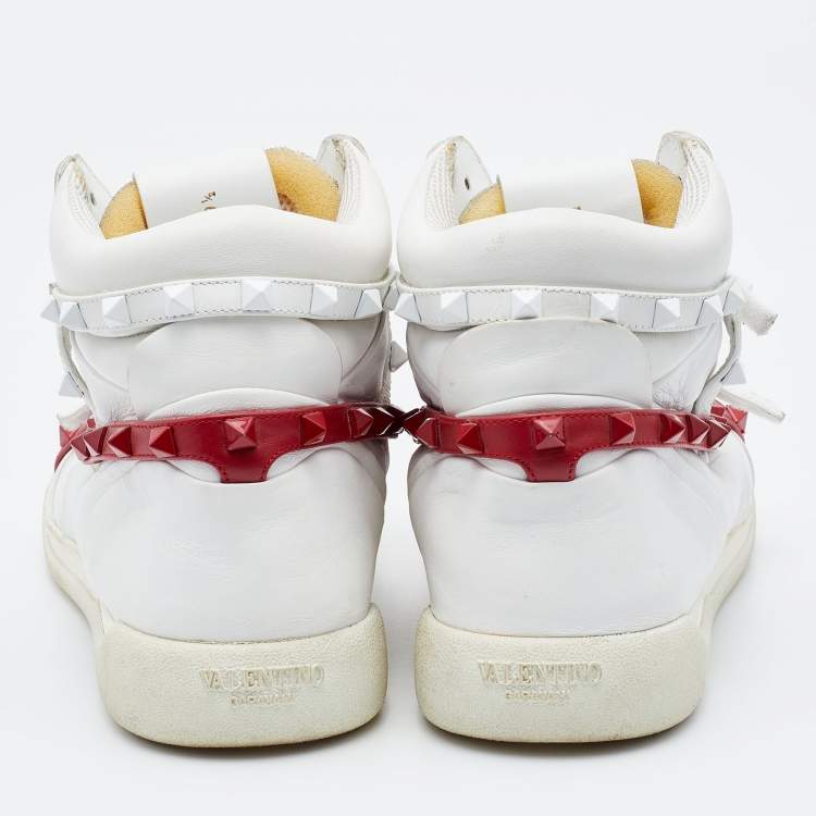 Pre Owned Valentino White Leather Rockstud Amor High Top Sneakers Size 39.5
