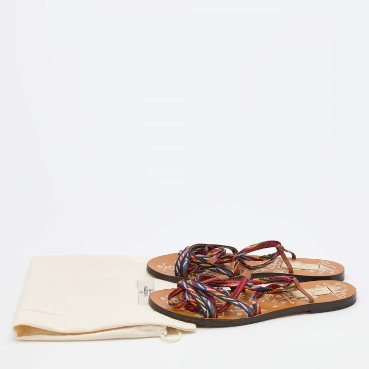 Pre Owned Valentino Multicolor Fabric Ankle Wrap Flat Sandals Size 36.5