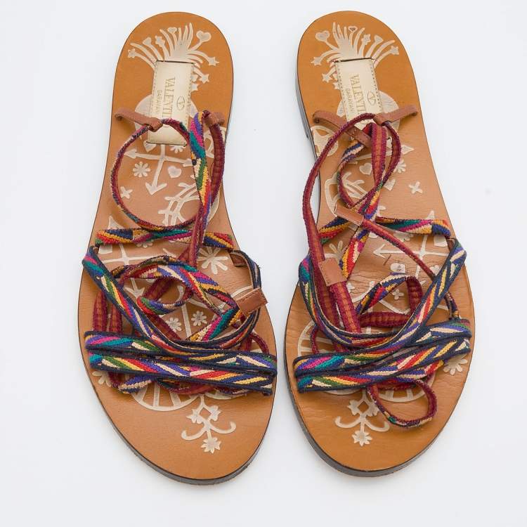 Pre Owned Valentino Multicolor Fabric Ankle Wrap Flat Sandals Size 36.5