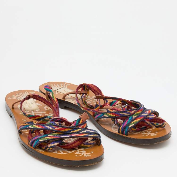 Pre Owned Valentino Multicolor Fabric Ankle Wrap Flat Sandals Size 36.5