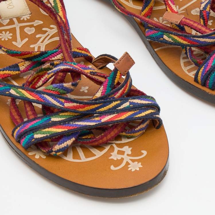 Pre Owned Valentino Multicolor Fabric Ankle Wrap Flat Sandals Size 36.5