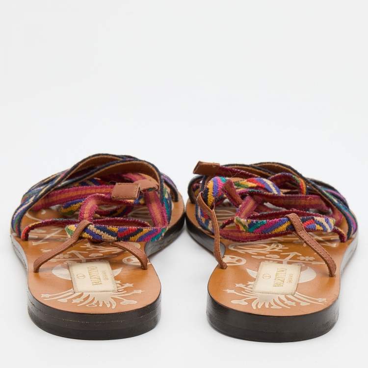 Pre Owned Valentino Multicolor Fabric Ankle Wrap Flat Sandals Size 36.5