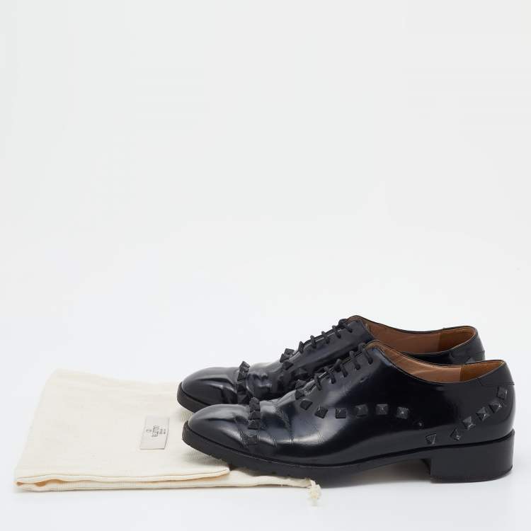 Pre Owned Valentino Black Leather Rockstud Lace Up Oxfords Size 36