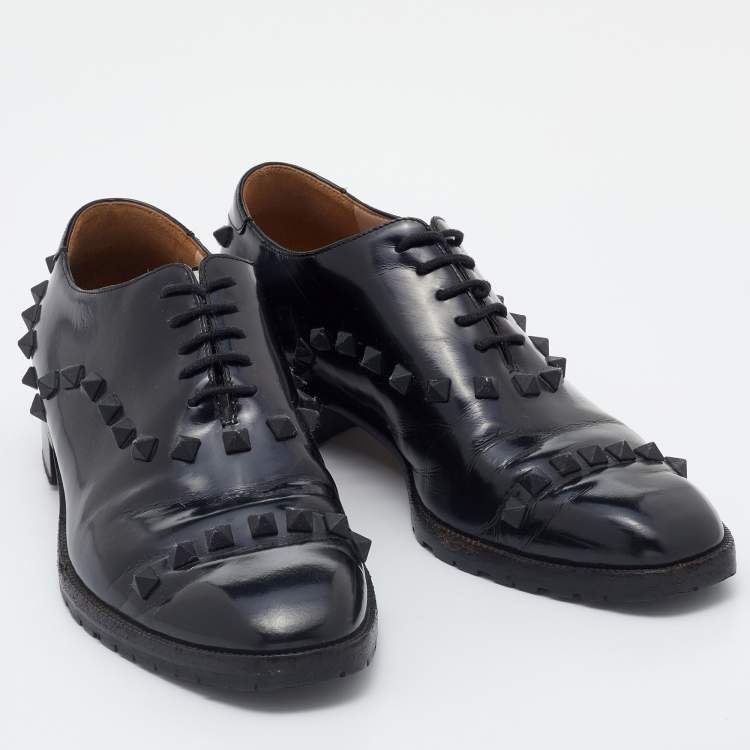 Pre Owned Valentino Black Leather Rockstud Lace Up Oxfords Size 36