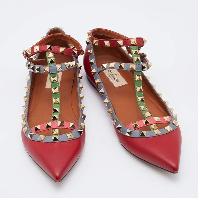 Pre Owned Valentino Red Leather Rockstud Ankle Strap Ballet Flats Size 37.5