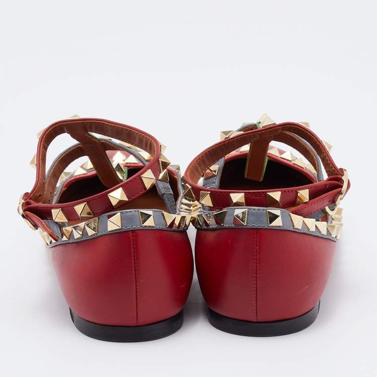 Pre Owned Valentino Red Leather Rockstud Ankle Strap Ballet Flats Size 37.5