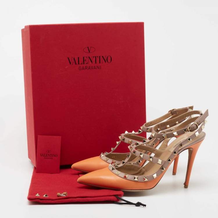 Pre Owned Valentino Orange/Beige Leather Rockstud Ankle Strap Pumps Size 41