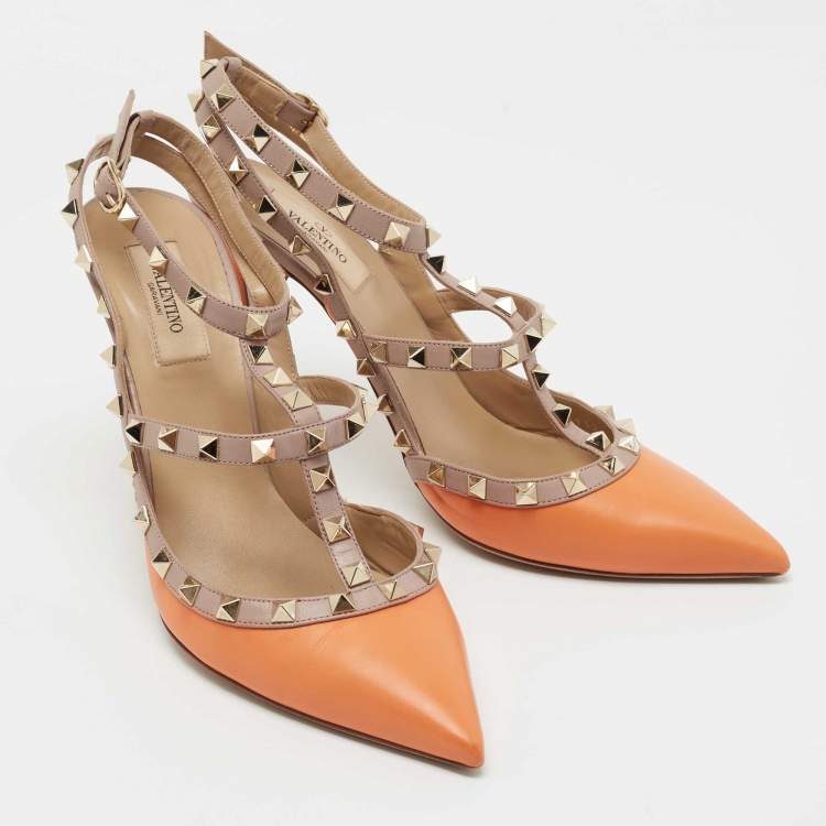 Pre Owned Valentino Orange/Beige Leather Rockstud Ankle Strap Pumps Size 41