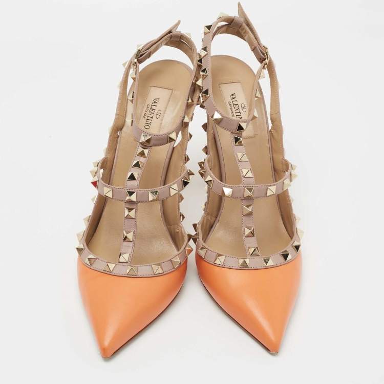 Pre Owned Valentino Orange/Beige Leather Rockstud Ankle Strap Pumps Size 41