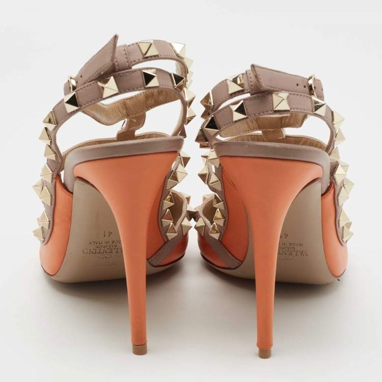 Pre Owned Valentino Orange/Beige Leather Rockstud Ankle Strap Pumps Size 41