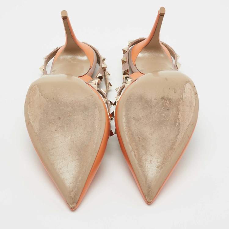 Pre Owned Valentino Orange/Beige Leather Rockstud Ankle Strap Pumps Size 41