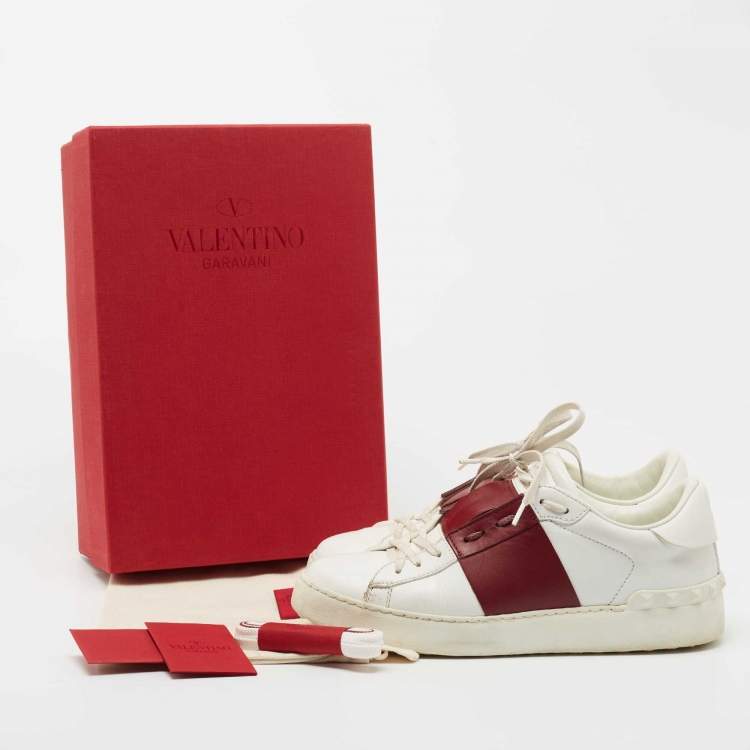Pre Owned Valentino White/Burgundy Leather Logo Low Top Sneakers Size 38.5