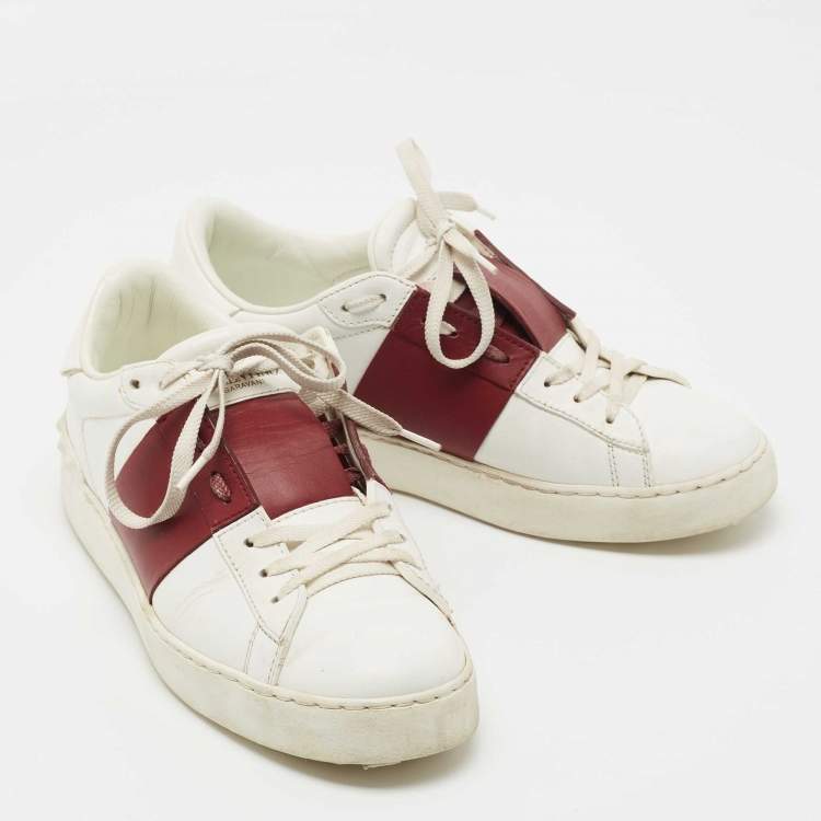 Pre Owned Valentino White/Burgundy Leather Logo Low Top Sneakers Size 38.5