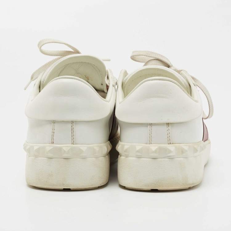 Pre Owned Valentino White/Burgundy Leather Logo Low Top Sneakers Size 38.5