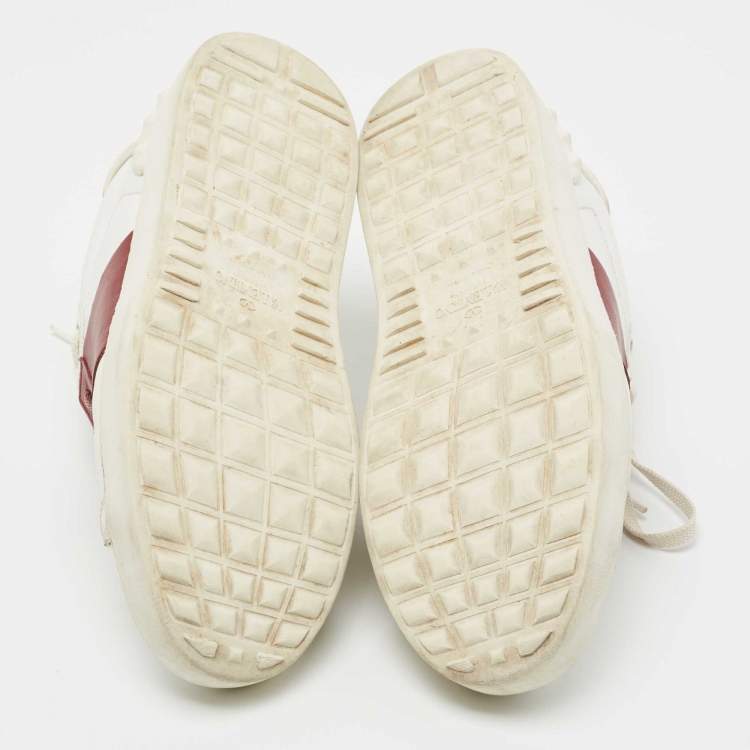 Pre Owned Valentino White/Burgundy Leather Logo Low Top Sneakers Size 38.5