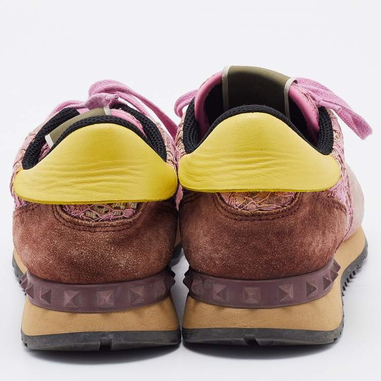 Pre Owned Valentino Multicolor Leather, Suede and Lace Rockrunner Low Top Sneakers Size 39