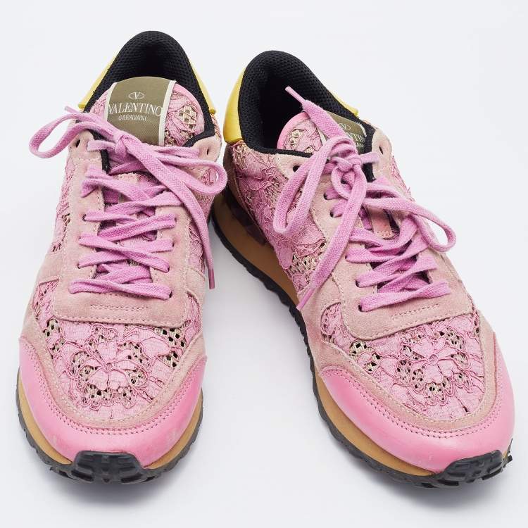 Pre Owned Valentino Multicolor Leather, Suede and Lace Rockrunner Low Top Sneakers Size 39