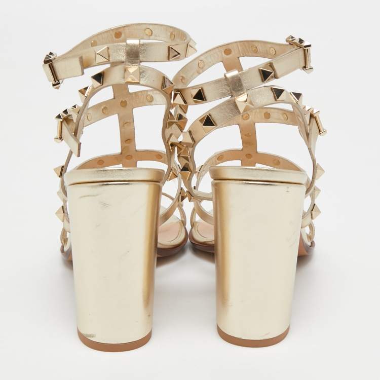 Pre Owned Valentino Metallic Gold Leather Rockstud Ankle Strap Sandals Size 39.5