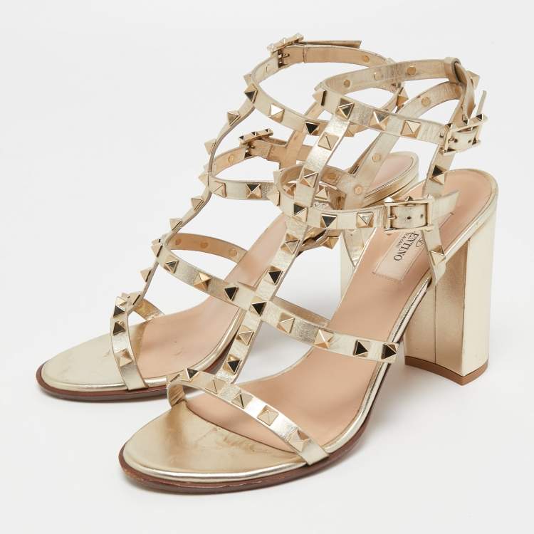 Pre Owned Valentino Metallic Gold Leather Rockstud Ankle Strap Sandals Size 39.5