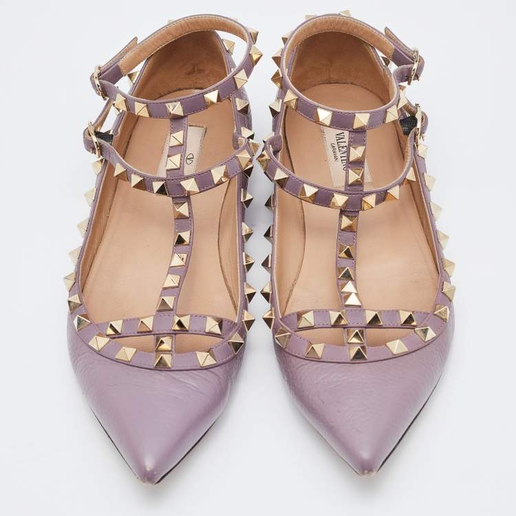Pre Owned Valentino Pale Pink Leather Rockstud Ankle Strap Ballet Flats Size 38.5