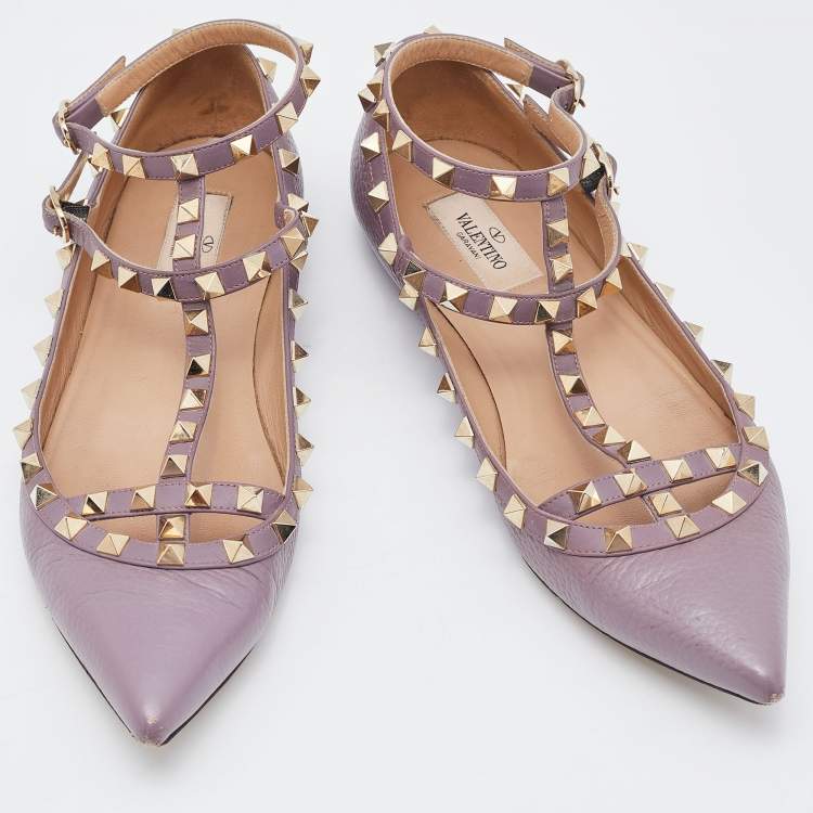 Pre Owned Valentino Pale Pink Leather Rockstud Ankle Strap Ballet Flats Size 38.5