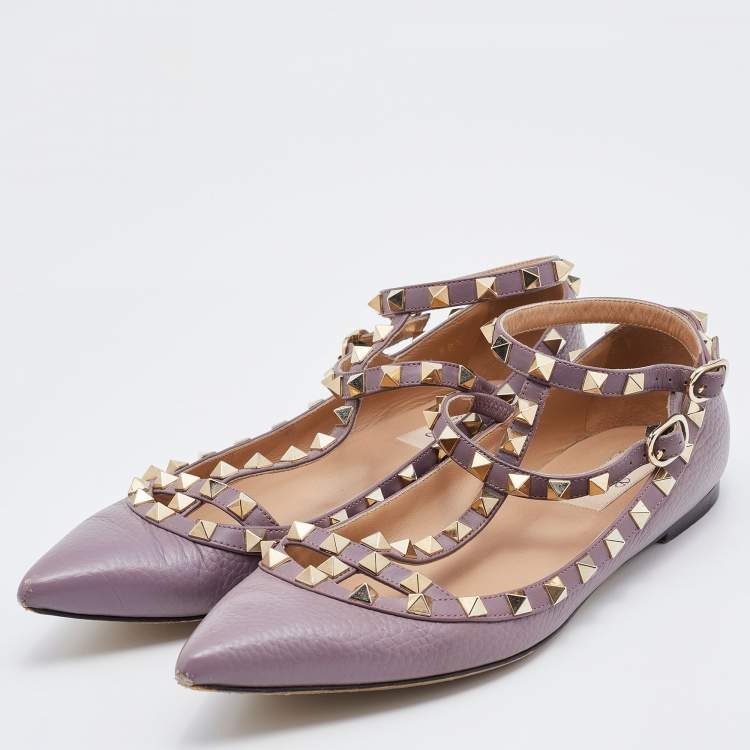 Pre Owned Valentino Pale Pink Leather Rockstud Ankle Strap Ballet Flats Size 38.5