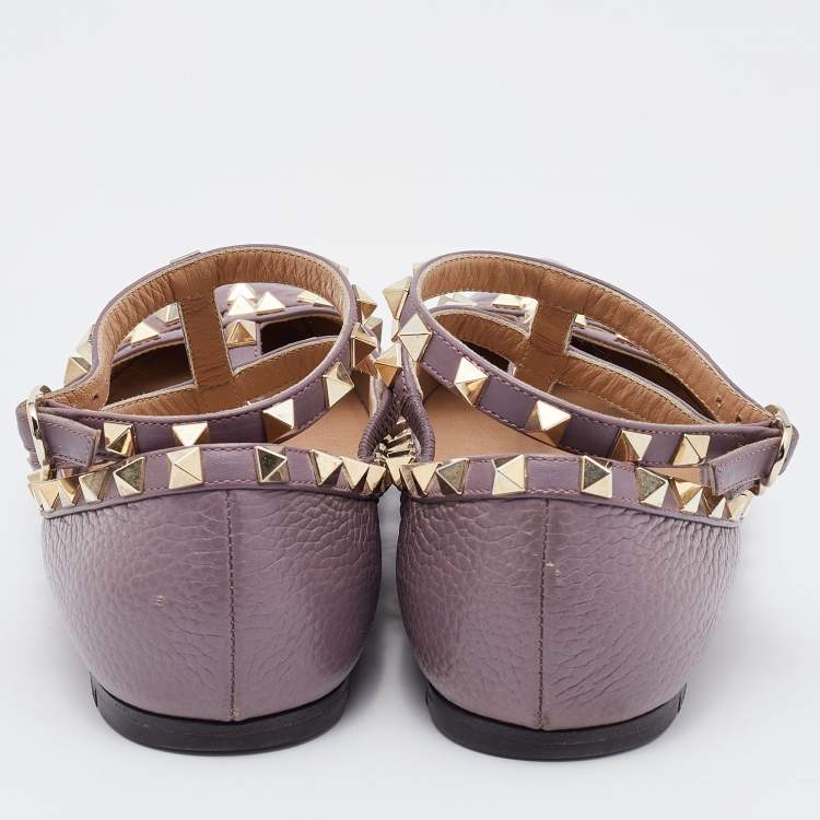 Pre Owned Valentino Pale Pink Leather Rockstud Ankle Strap Ballet Flats Size 38.5