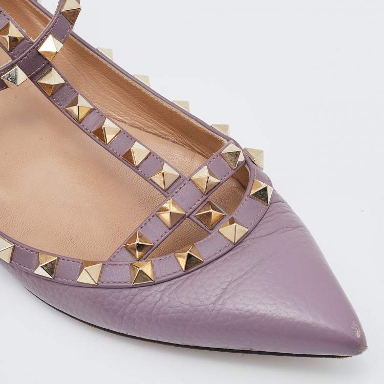 Pre Owned Valentino Pale Pink Leather Rockstud Ankle Strap Ballet Flats Size 38.5