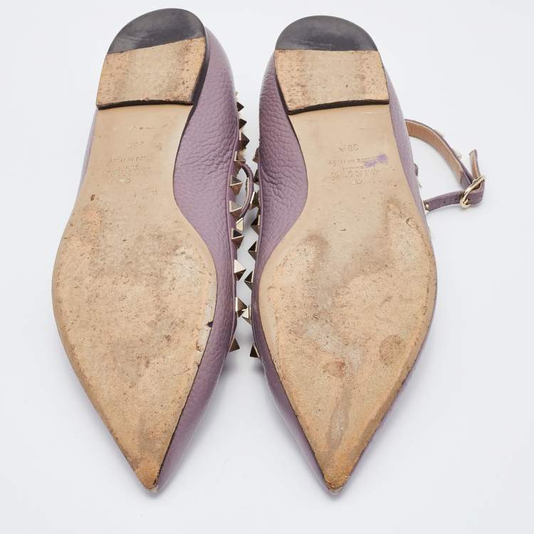 Pre Owned Valentino Pale Pink Leather Rockstud Ankle Strap Ballet Flats Size 38.5