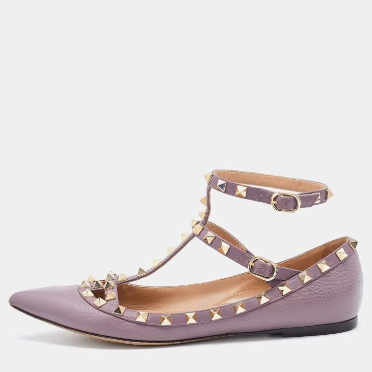 Pre Owned Valentino Pale Pink Leather Rockstud Ankle Strap Ballet Flats Size 38.5